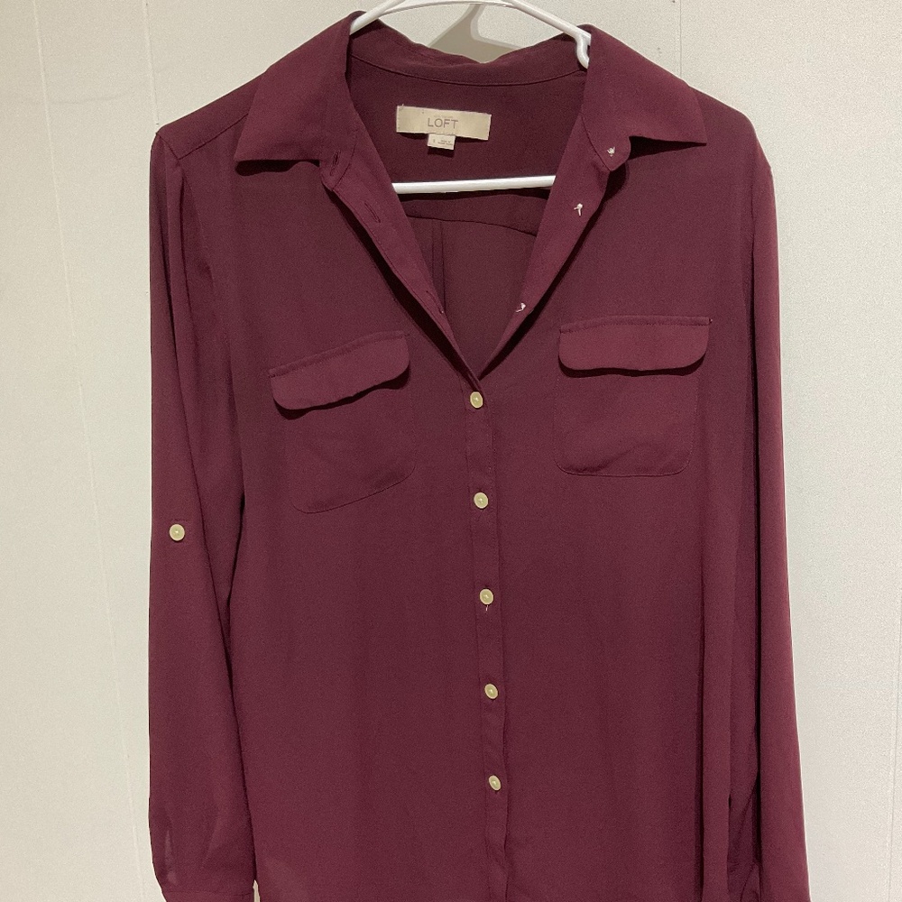 loft burgundy summer shirt sheer size s long sleeve office travel lightweight